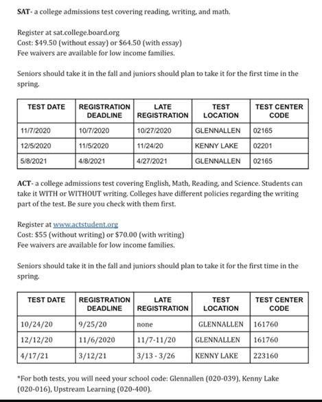 ACT/SAT Schedule