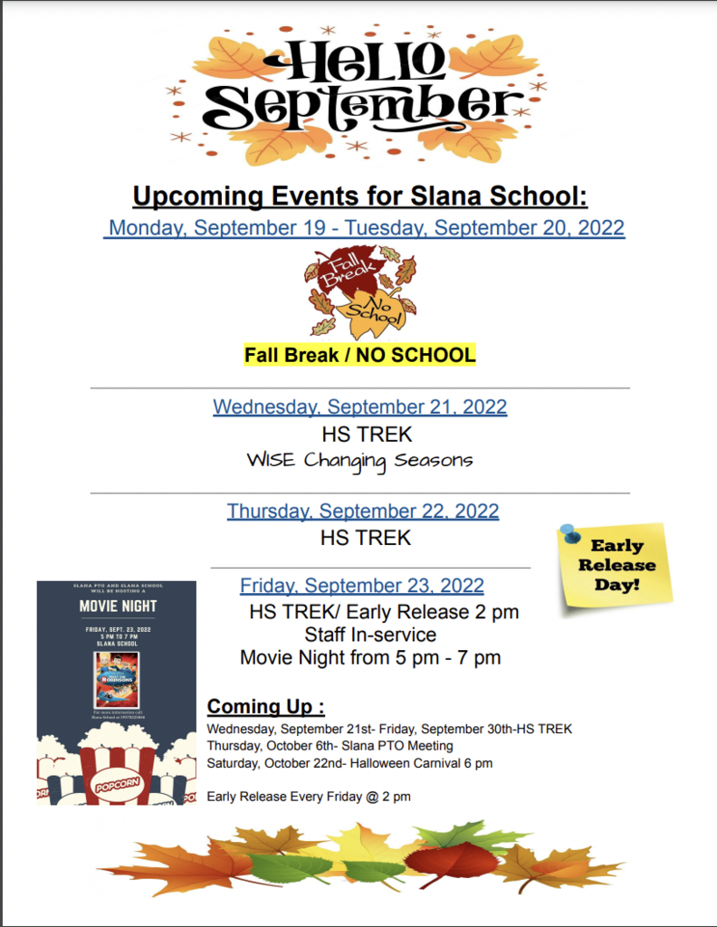 Upcoming Weekly Events for Slana School
