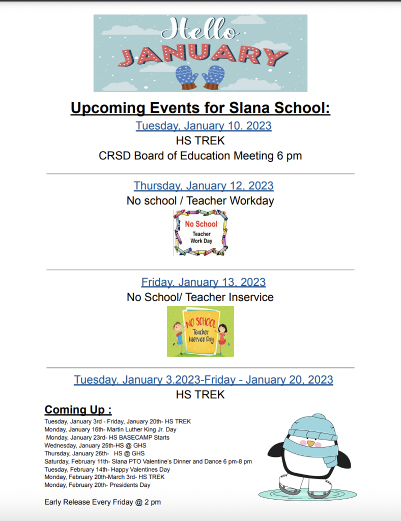 Upcoming Weekly Event's for Slana School