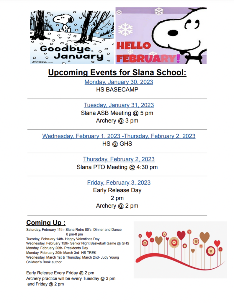 Upcoming Weekly Events for Slana School