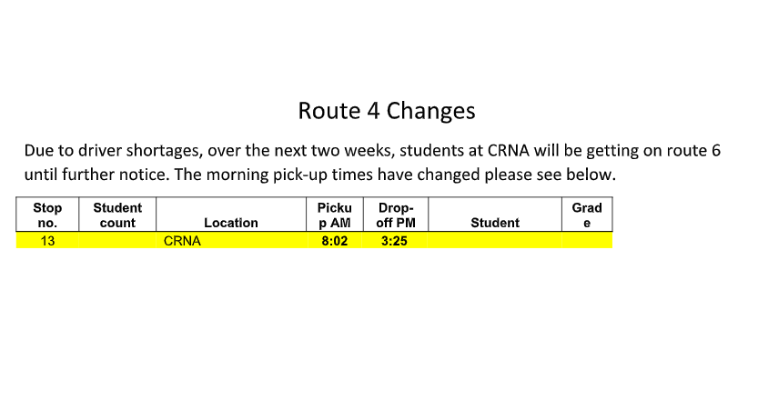 CRNA Bus route 4 changes