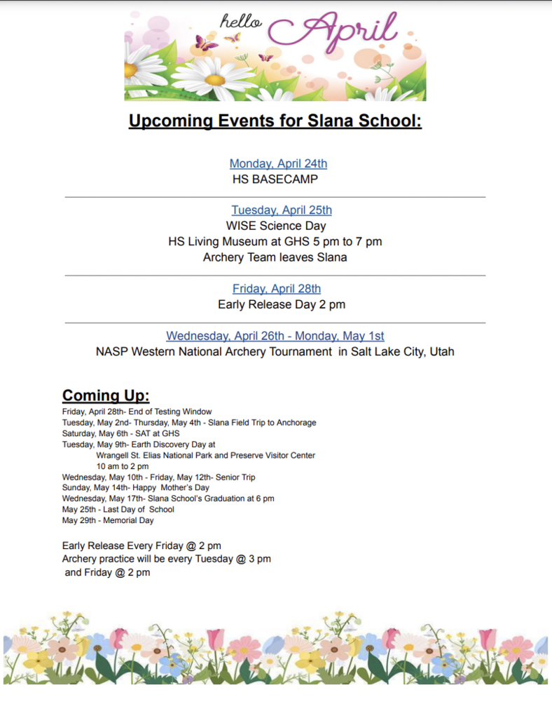 Upcoming Events for Slana School