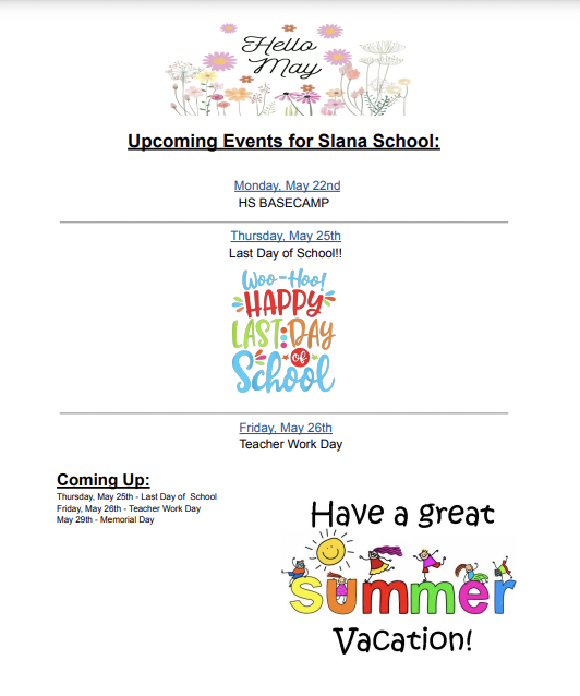 Weekly Upcoming Events for Slana School